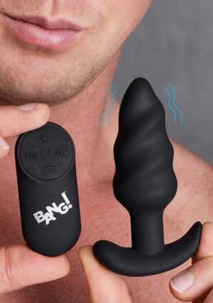 21X Vibrating Silicone Swirl Butt Plug with Remote - Black